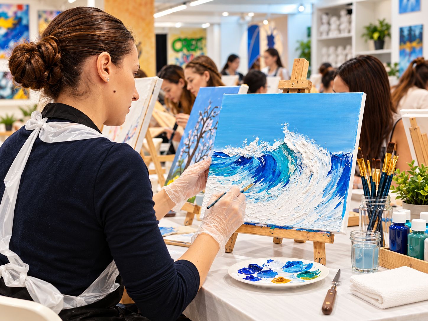 Adults enjoying a guided art workshop