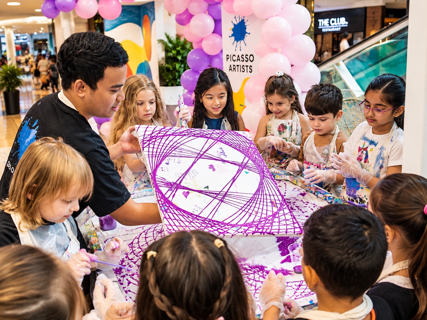 Children creating colorful string art at a birthday workshop