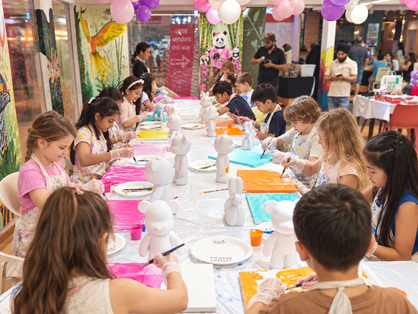 Children painting colorful sculptures at a birthday party