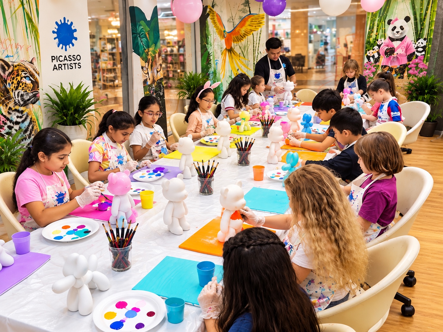 Children creating painted sculptures together at a guided birthday art activity