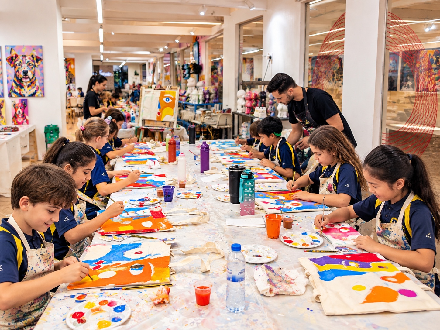 School children painting together with guidance from a Picasso Artists instructor